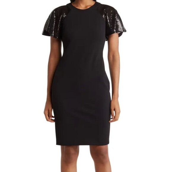 Calvin Klein Black Sequin Short Sleeve Sheath Dress